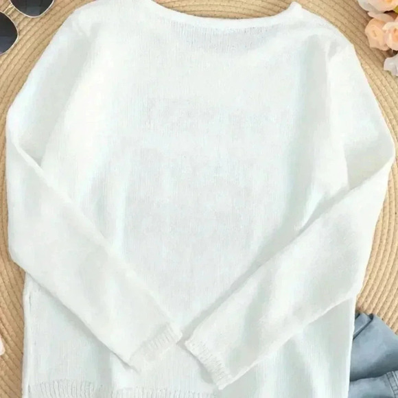 White Casual Women's Round Neck Long Sleeve Side Split Letter Knitted Sweater - Picture 2 of 4